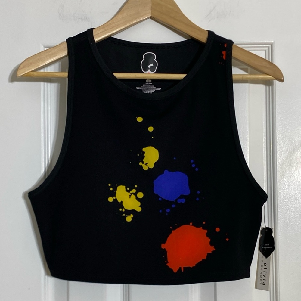 Alice + Olivia LADIES’ PRIMARY SPLATTER WORKOUT TOP Size LARGE NEW NWT USA Made!